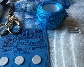 Slow Stitch Fabric Bundle : Blue & White Floral, Linen, Silk Fabrics, Vintage Haberdashery Notions