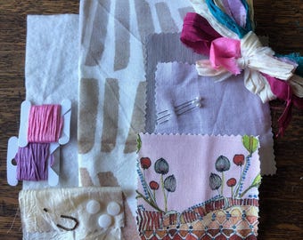 Slow Stitch Fabric Bundle: Pink Bird Fabric, Embroidery Notions, Unique Design