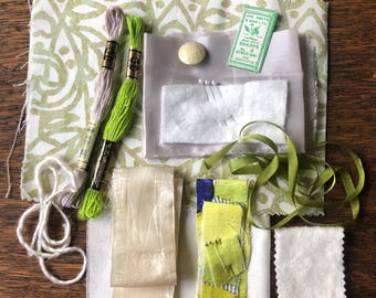 Slow Stitch Fabric Bundle: Sage Loop Fabric, Embroidery Notions, Unique Watercolour Design