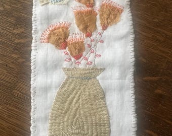 Hand-Stitched Linen Embroidery Art, Vase with Flowers, Slow Stitch