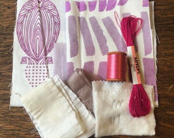 Slow Stitch Fabric Bundle: Lilac Fabric, Embroidery Notions, Unique Watercolour Design