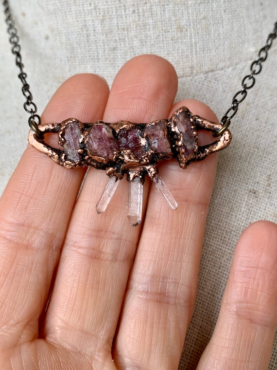 Electroformed Necklace, Electroformed jewelry, quartz necklace, pink tourmaline necklace, pink tourmaline pendant, statement necklace