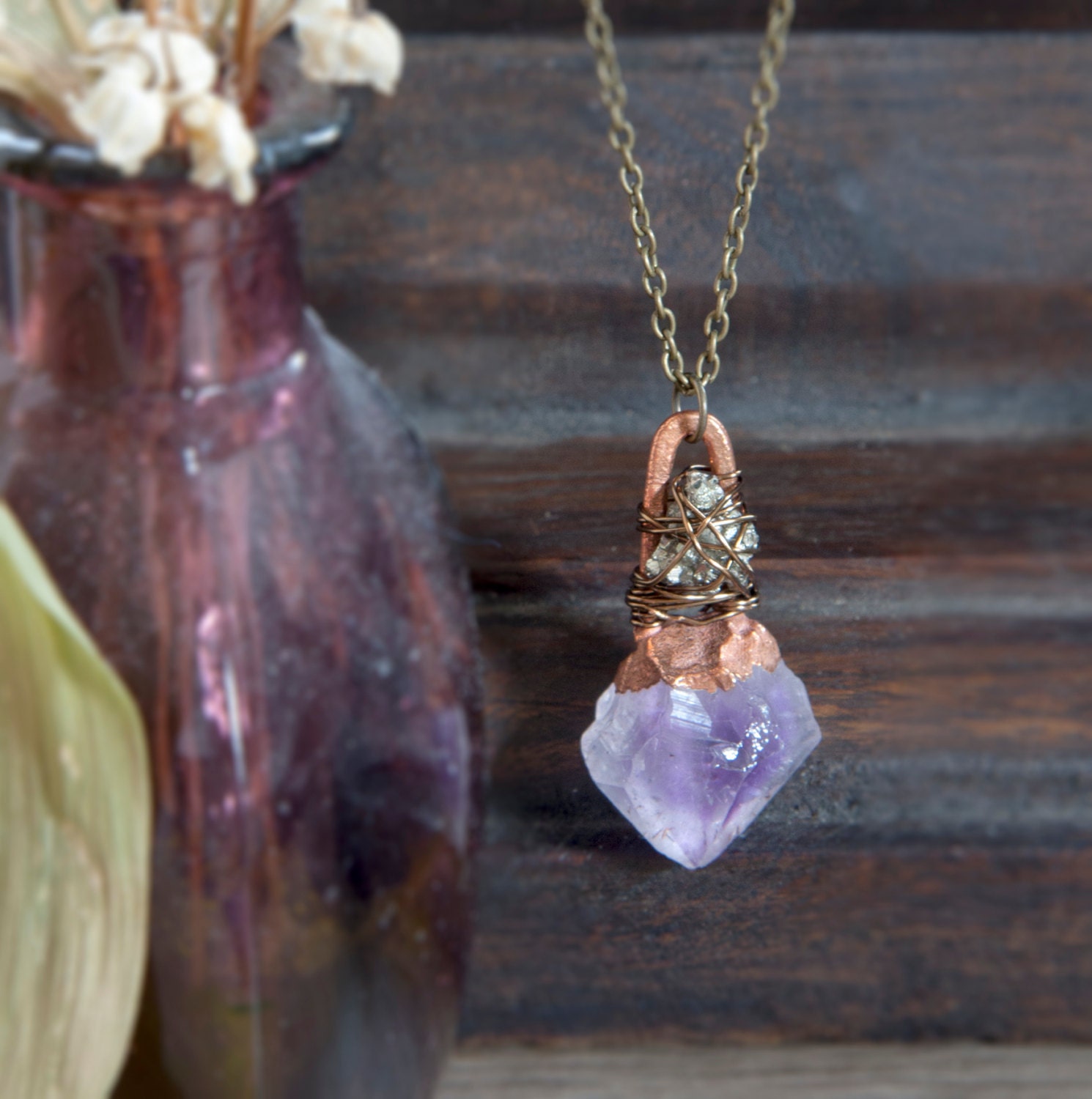 Amethyst Crystal Necklace , Magical Necklace, Natural Jewelry, Copper  Electroformed Crystal Necklace , Gypsy Necklace, purple gemstone