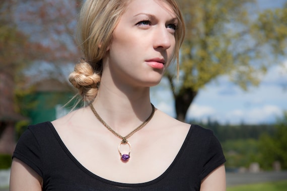 Large antiqued copper wire necklaces with an Amethyst stone