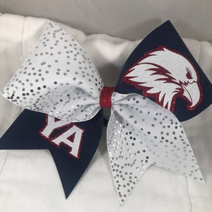 Custom School Cheer Bow  - Eagle or School mascot -  Navy Red / White w silver- or YOUR Colors/ white w silver with/without Rhinestones