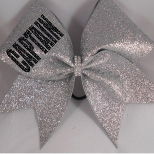 Glitter Cheer Bow - silver or ANY color glitter on chart with simple lettering in any color on upper left loop- FAST turnaround