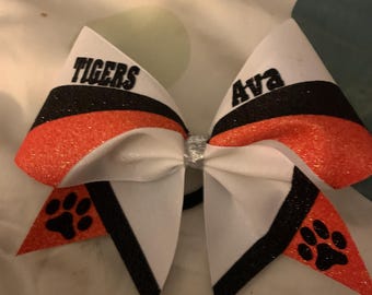 Custom Cheer Bow- white black ember orange- any colors- full glitter bow