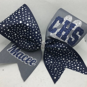 Rhinestone Cheer Bow - Navy Grey Custom Personalized - white pink red navy black rhinestone ribbon - any color ribbon/glitter