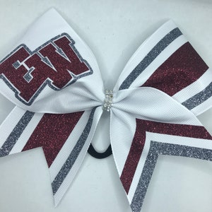 School Cheer Bow Choice of Ribbon color & 2 glitter colors, lettering w rhinestone center White Maroon Grey BlingItOnCheerBowz