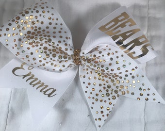 Custom Cheer Bow White with Gold Holographic Dots, gold lettering & rhinestone center So elegant!