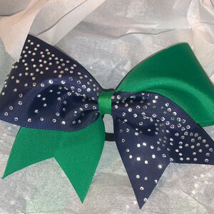 Cheer Bow - fast turnaround- for your School - rhinestone ribbon - other side any color ribbon/glitter  green navy