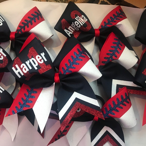 Custom Softball team bow - priced per bow-  any colors- number and name - cheer bow style softball bows