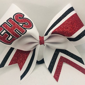 Cheer Bow White Red Black School Custom - your colors - YOUR School letters - Mascot made with any color ribbon and glitters white red black