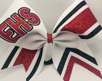 Cheer Bow White Red Black School Custom - your colors - YOUR School letters - Mascot made with any color ribbon and glitters white red black