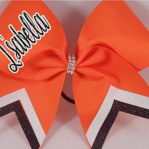 Name Cheer Bow - custom personalized Cheer Bows by Blingitoncheerbowz can be in ANY colors! Orange ribbon white and black glitter
