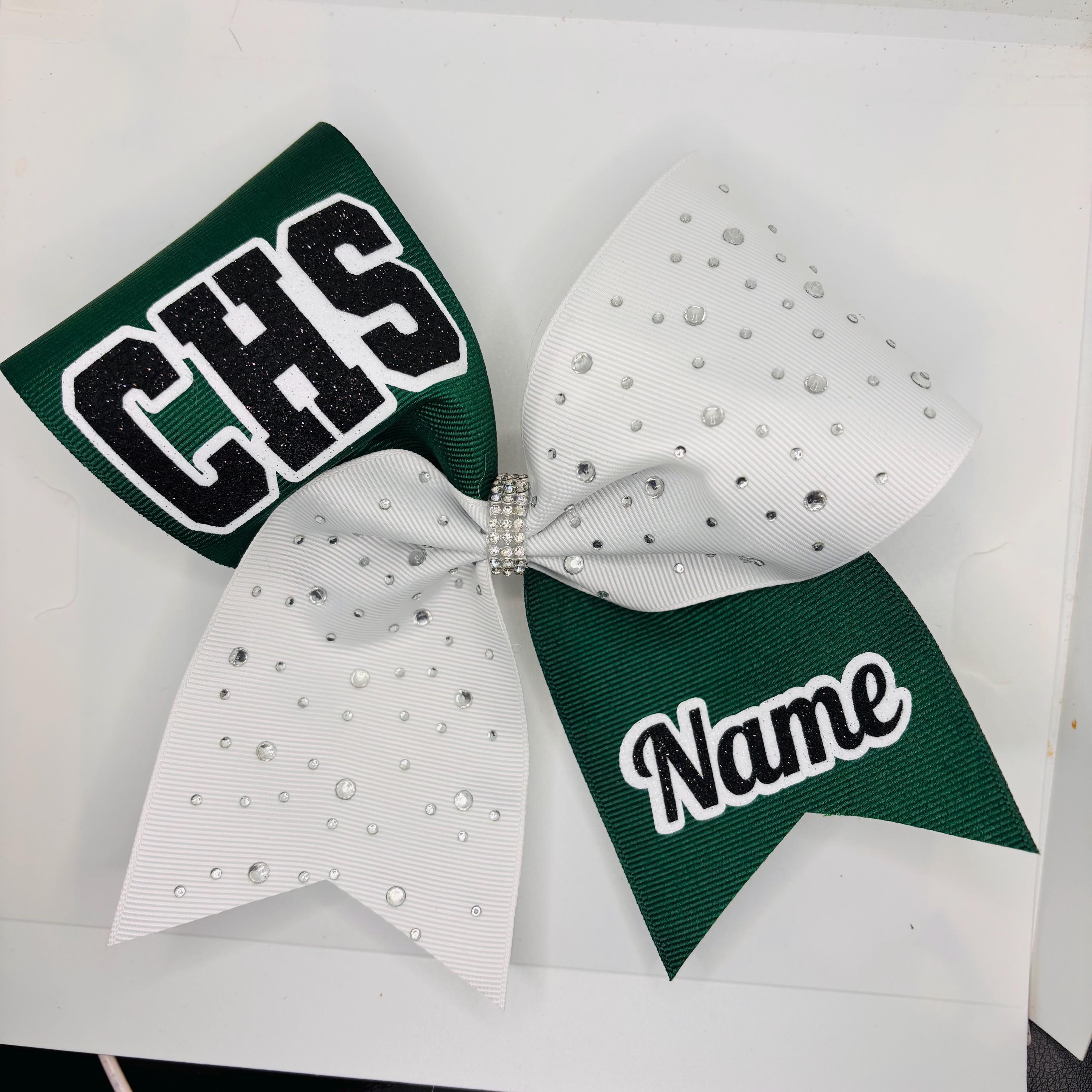 Rhinestone Cheer Bow - dark green black silver Custom Personalized - white pink red navy rhinestone ribbon - any color ribbon/glitter