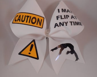 Cheer Bow CAUTION I May Flip At Any Time w/ rhinestone center allstar cheerleading custom cheer bows by BlingItOnCheerBowz