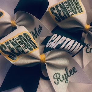 Senior Cheer Bow 2026 full glitter with school letters and name - made in any color royal blue black and white Blingitoncheerbowz