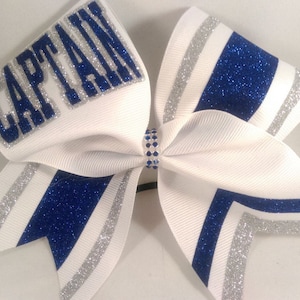 Captain Cheer Bow - School Cheer Bows -  Letters / Colors  Senior - Name - White Royal Silver ANY colors and lettering