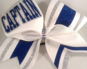 Captain Cheer Bow - School Cheer Bows -  Letters / Colors  Senior - Name - White Royal Silver ANY colors and lettering