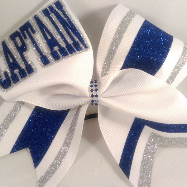 Captain Cheer Bow - School Cheer Bows -  Letters / Colors  Senior - Name - White Royal Silver ANY colors and lettering