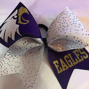 Eagle Cheer Bow - purple and white ribbon w Silver or gold Holographic -Eagle head and Eagles yellow gold - white