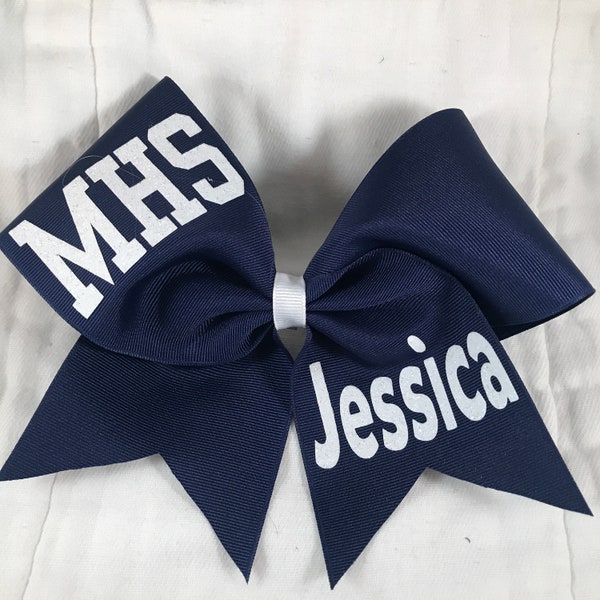 Simple Cheer Bows with School/mascot/letters and optional Name made with any color grosgrain ribbon or glitter ribbon, glitter lettering