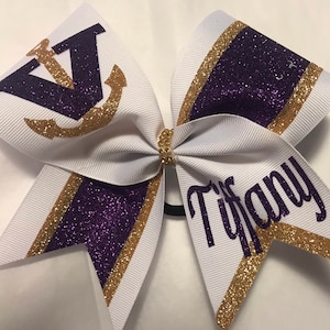 Custom Cheer bows - School Cheering Bows - MASCOT Team Bows Amethyst (purple) and old gold glitter on white Blingitoncheerbowz