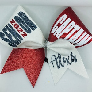 Senior Captain Cheer Bow 2026 Glitter with name- Fully Customizable - Custom name and made in any color combo by Blingitoncheerbowz