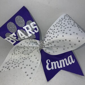 Cheer Bow - Custom Pawprint or YOUR Mascot Team Bows - royal purple white rhinestone ribbon - any color ribbon/glitter grape royal purple