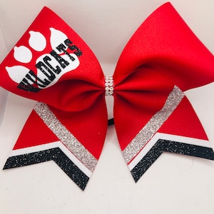 Paw print Cheer Bow  - pawprint - School mascot - Wildcats - Bears - panthers - Red w Black and White or YOUR Colors with/without stones
