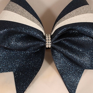 Custom Cheer Bow Full Glitter Navy - White - Silver Rhinestone center ANY colors available: silver gold blue purple team cheer bows