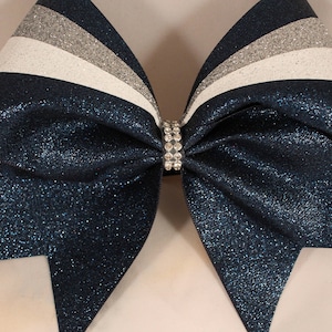 Custom Cheer Bow Full Glitter Navy - White - Silver Rhinestone center ANY colors available: silver gold blue purple team cheer bows