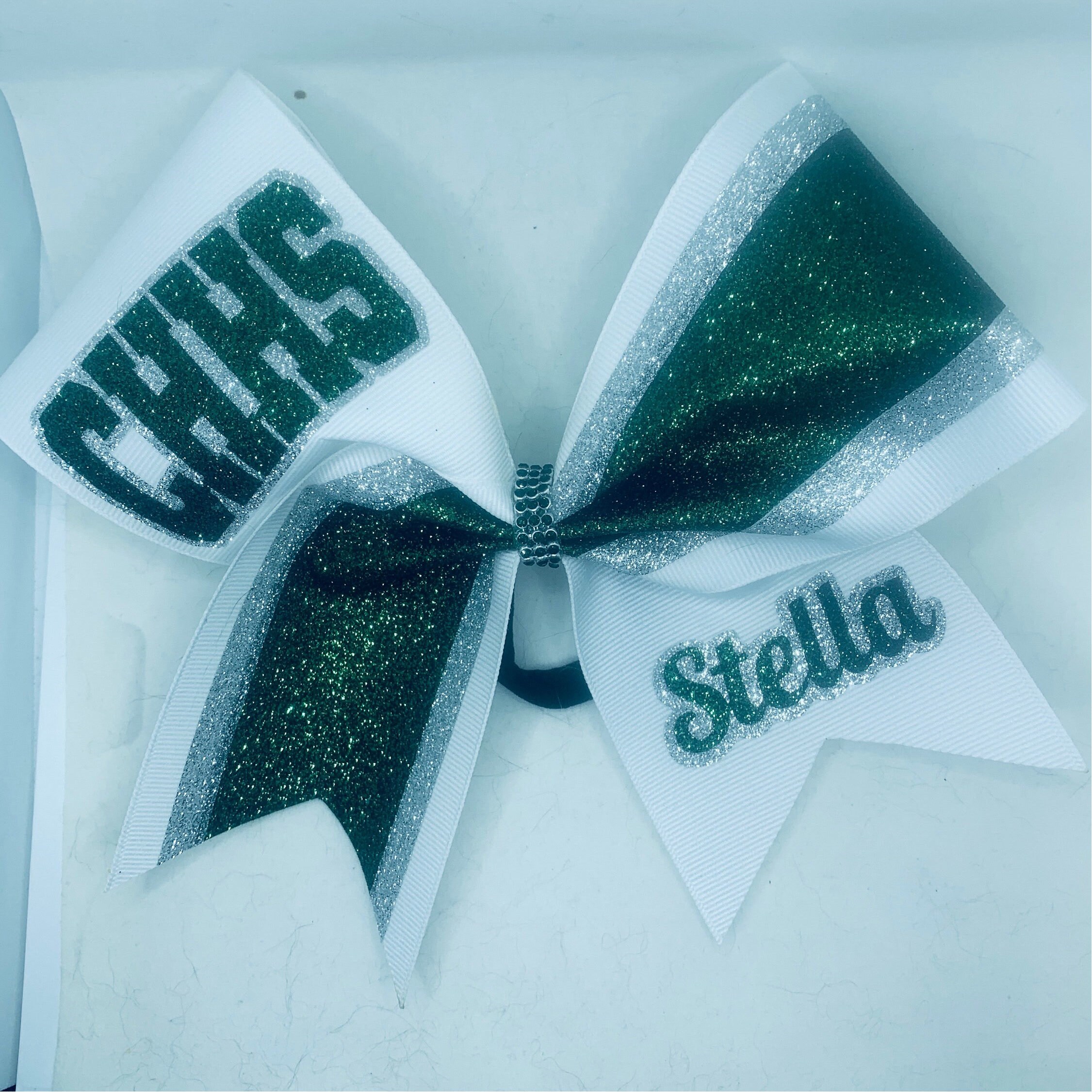 Adelina White Glitter Cheer Bow with Black Paw and Dark Green