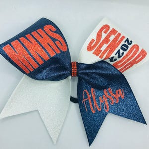 School Senior Cheer Bow Red White Black Glitter School Lettering with Senior 2026 and name- Fully Customizable - made in any color combo