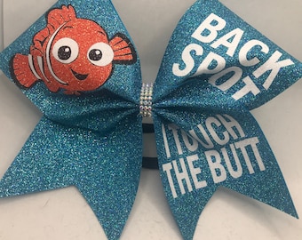Cheer Bow Back Spot I touch the BUTT - stunt group cheer bows - any color glitter by blingitoncheerbowz