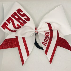 Cheer Bow in your colors - red and white Custom lettering YOUR School Team Bows