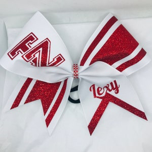 Cheer Bow-  Red and White -personalized with name, any ribbon color and any glitter color and your lettering by Blingitoncheerbowz