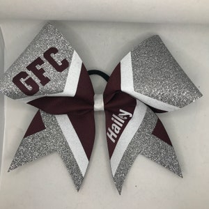 Custom School Cheer Bow - YOUR Colors with/without Rhinestone center - Maroon ribbon silver glitter white glitter personalized w name school