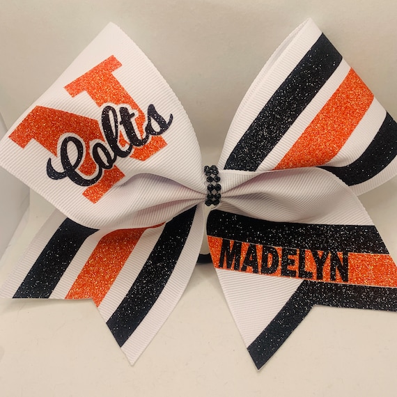 Custom Cheer Bow - Custom Letter / Mascot or Letters (CHS BHS etc) w name optional Your colors -2 glitter colors orange black white