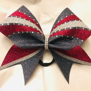 Grey red and silver GLITTER cheer Bow - School Team CUSTOM - any colors- gray red silver with or without rhinestones