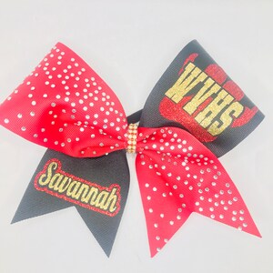 Cheer Bow - Custom Personalized Team Bows red rhinestone ribbon - any color other side and any glitter colors