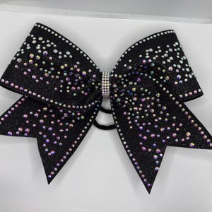 Cheer Bow - Black glitter ribbon w crystal ab rhinestones cheer Bow - School Team CUSTOM - any colors-white black red blue purple