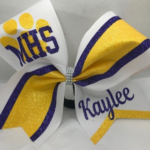 School Cheer Bow - Royal Purple Athletic Yellow White - School Cheerleading Bow - ANY colors! Custom Cheer Bows by BlingItOnCheerBowz