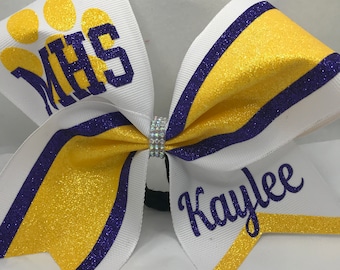 School Cheer Bow - Royal Purple Athletic Yellow White - School Cheerleading Bow - ANY colors! Custom Cheer Bows by BlingItOnCheerBowz