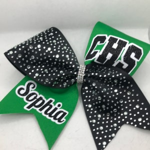 Rhinestone Cheer Bow - Kelly green white black Custom Personalized - white pink red navy rhinestone ribbon - any color ribbon/glitter