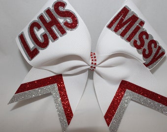 Cheer Bow Custom School or year 2019 2020 2021 2022 / Name Cheer Bows White red silver Blingitoncheerbowz