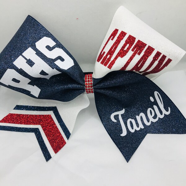 Glitter Cheer Bow - Captain - School and Name and Chevrons - White Navy Red by Bingitoncheerbowz