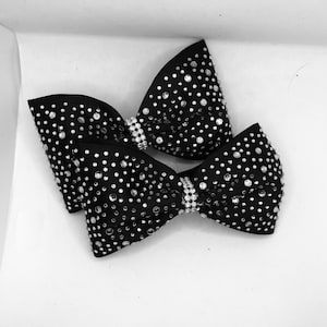 Black Rhinestone Set of 2 small Tailless Pigtail cheer bows - 3” ribbon, each bow about 4.5&#39;&#39; wide - Black w crystal rhinestones