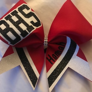 Cheer Bow Custom YOUR School Team and name red white and black - any colors cranberry silver dark green teal gold scarlet BlingItOnCheerBowz